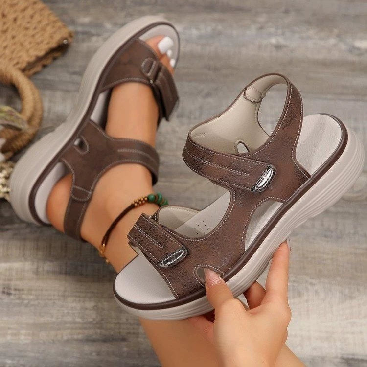 Women's adjustable Velcro open toe flat sandals by Trendsi, featuring comfortable walking design and casual summer footwear style.