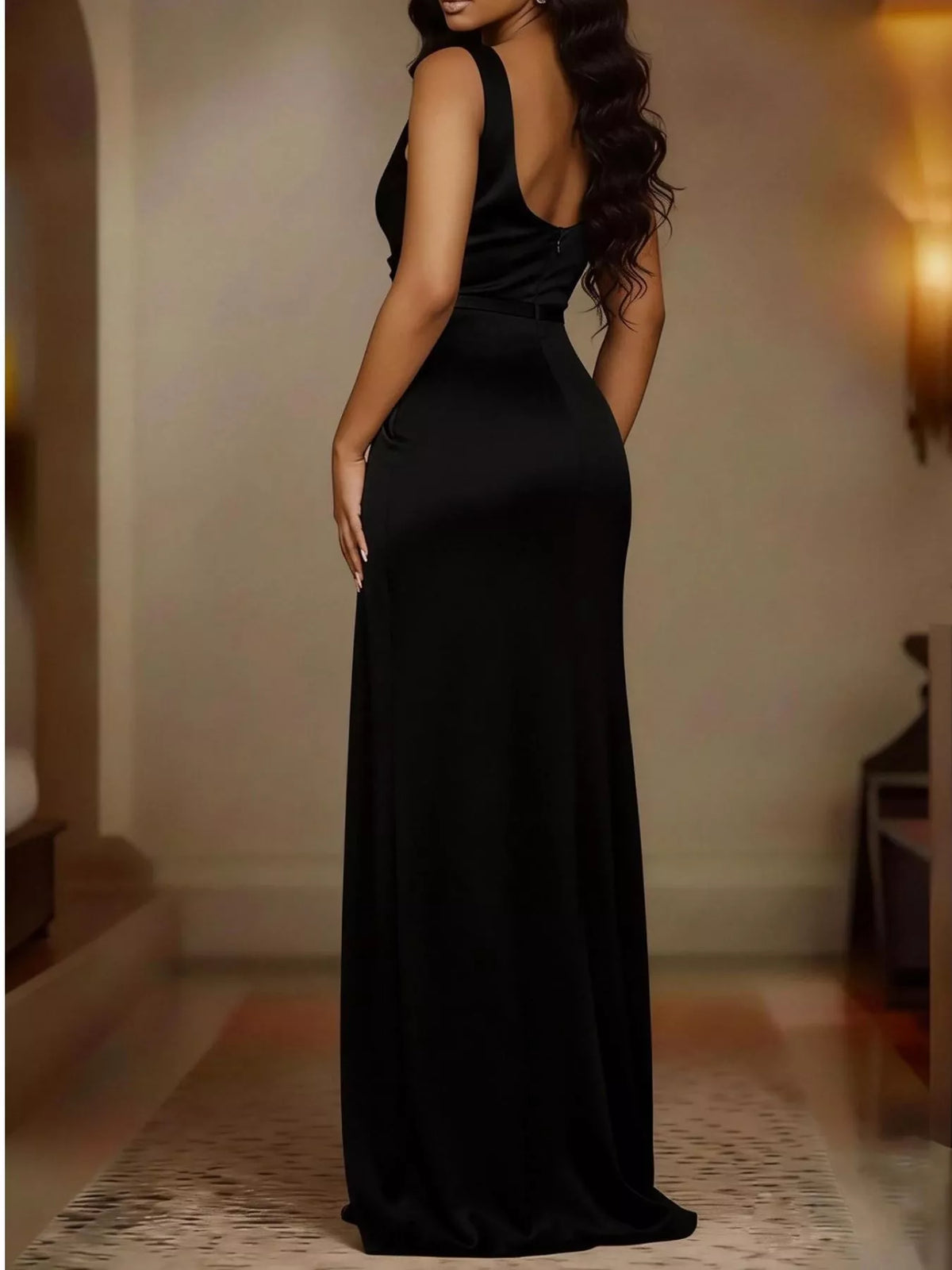 Plus size satin cowl neck maxi dress with high slit, full-length evening gown by Trendsi featuring elegant flowing fabric and stylish design.