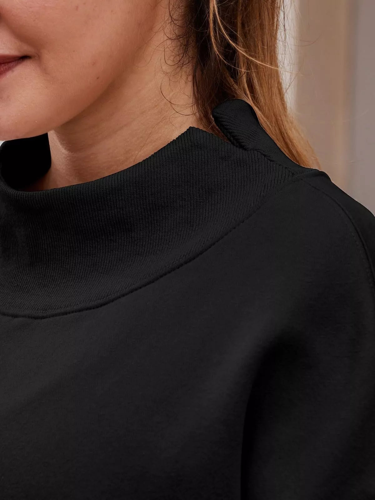 Women's oversized Plush Fashion Hub sweatshirt with mock neck, dropped shoulders, casual fit, in soft fabric, styled as a cozy pullover.