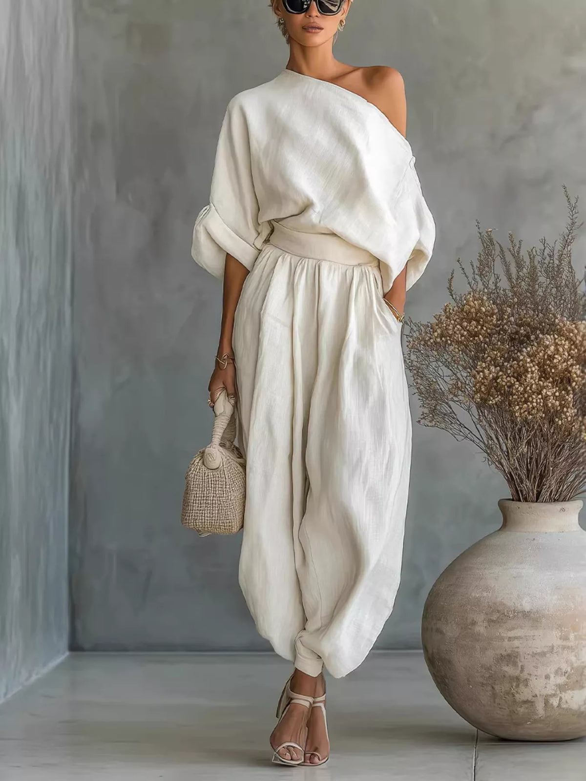 Plush Fashion Hub plush loungewear set with one-shoulder top and matching joggers, soft fabric, cozy and stylish for relaxing.