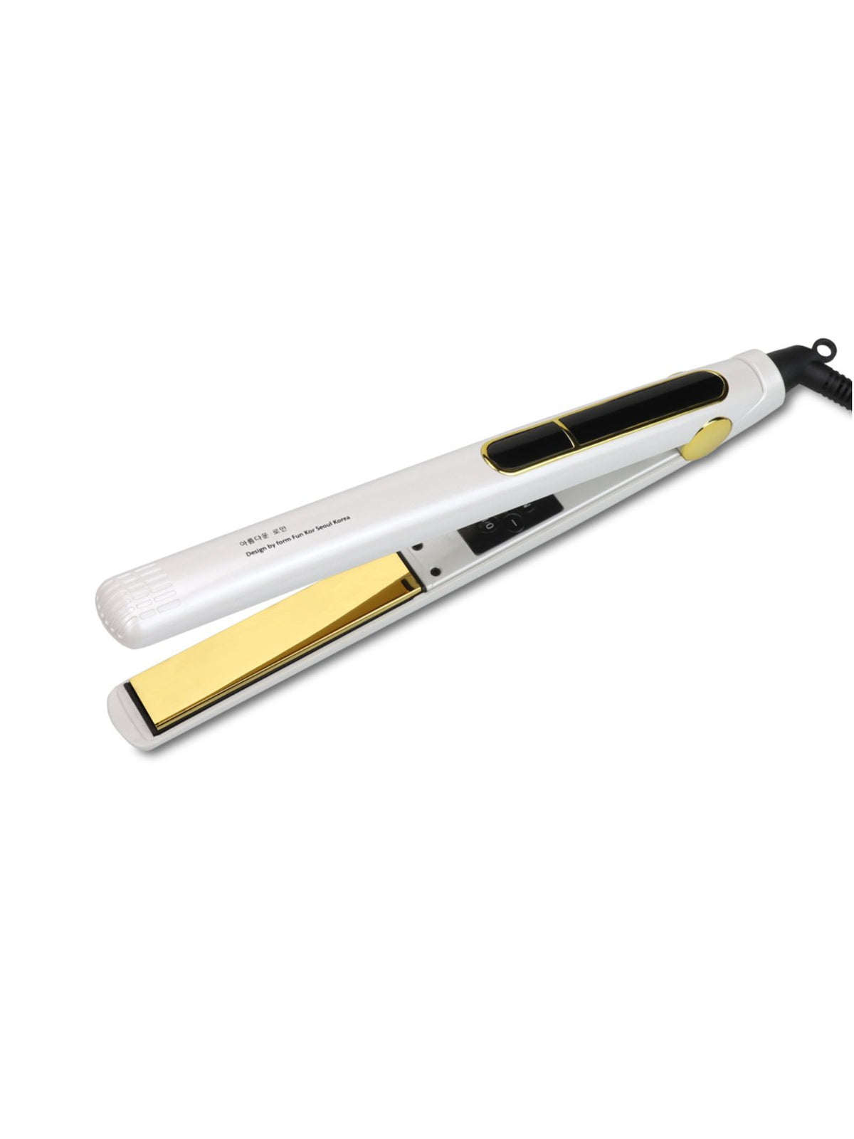 Plush Fashion Hub professional 2-in-1 hair straightener and curling iron with black and silver design, showing plates and handle.
