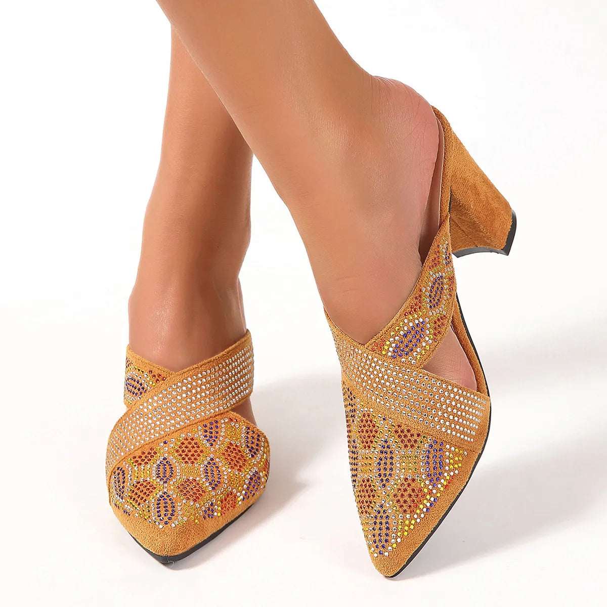 Women's point toe block heels sandals by Trendsi, stylish open-toe shoes with chunky heels and sleek design.