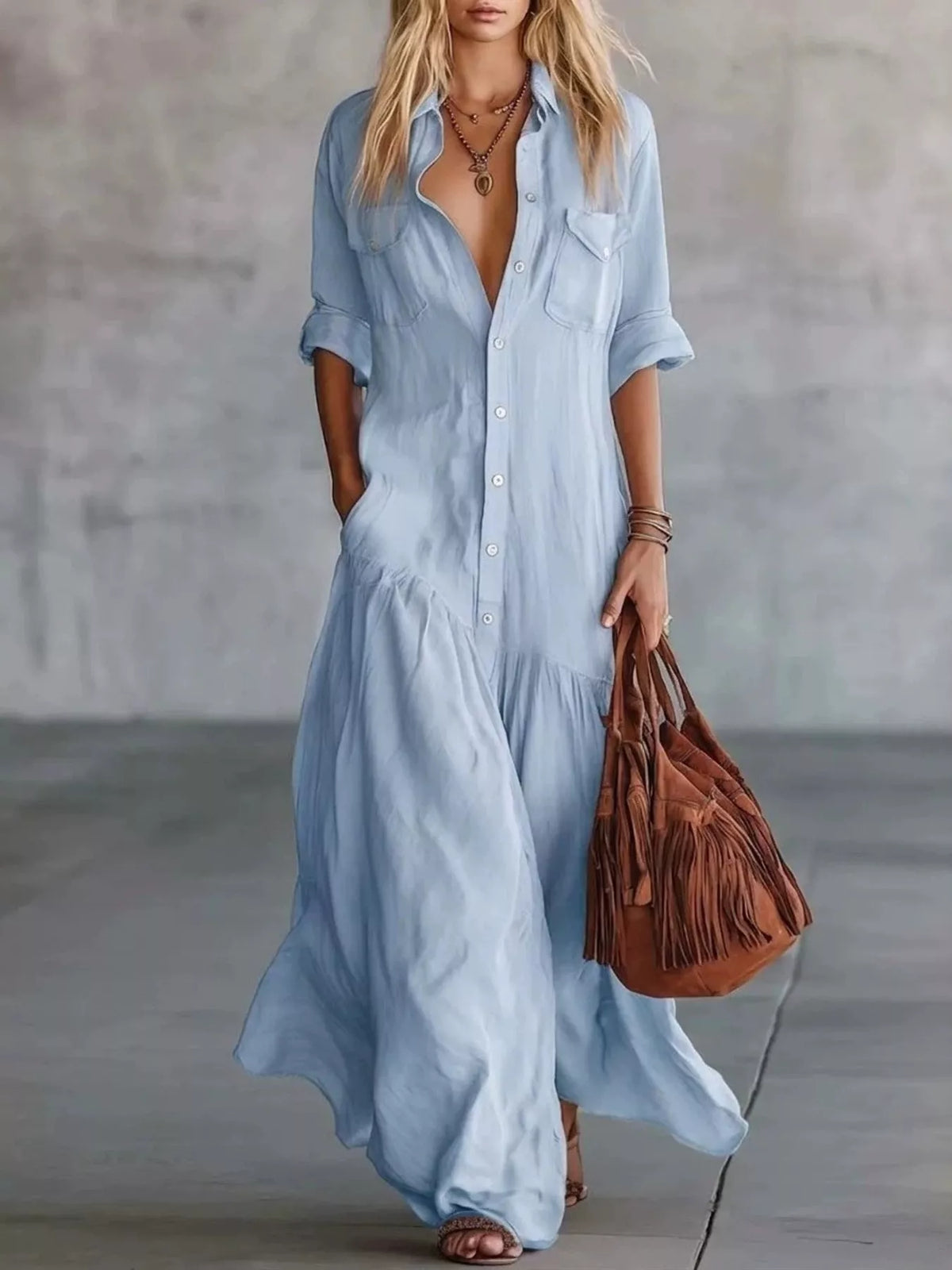 Plus size plush fashion hub maxi dress with button front, roll-up sleeves, and a flowing design for a comfortable, stylish look.