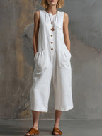 Women's retro sleeveless wide-leg cropped jumpsuit by FitiqueFit, featuring a casual style with a fitted waist and flowing pant legs.