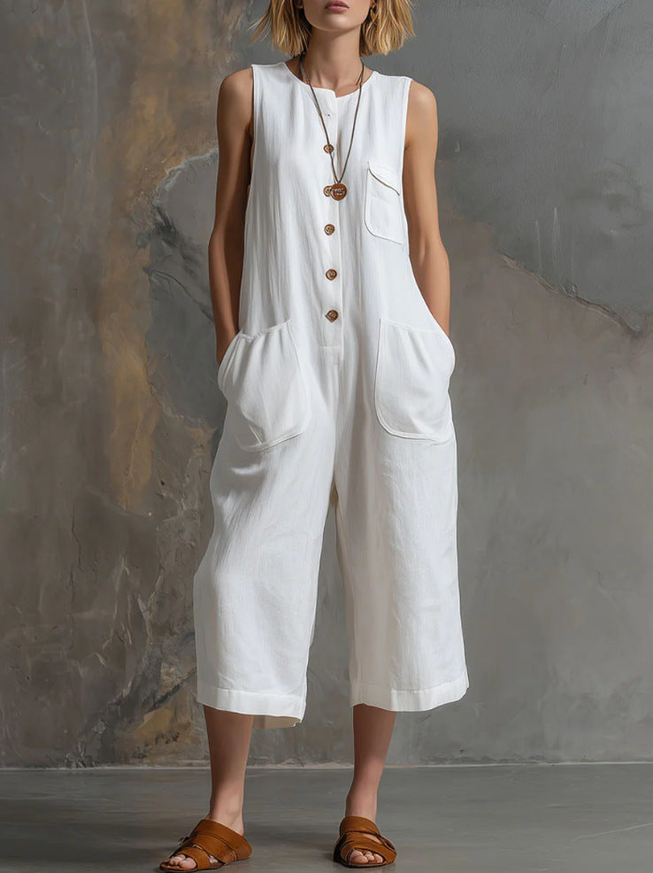Women's retro sleeveless wide-leg cropped jumpsuit by FitiqueFit, featuring a casual style with a fitted waist and flowing pant legs.