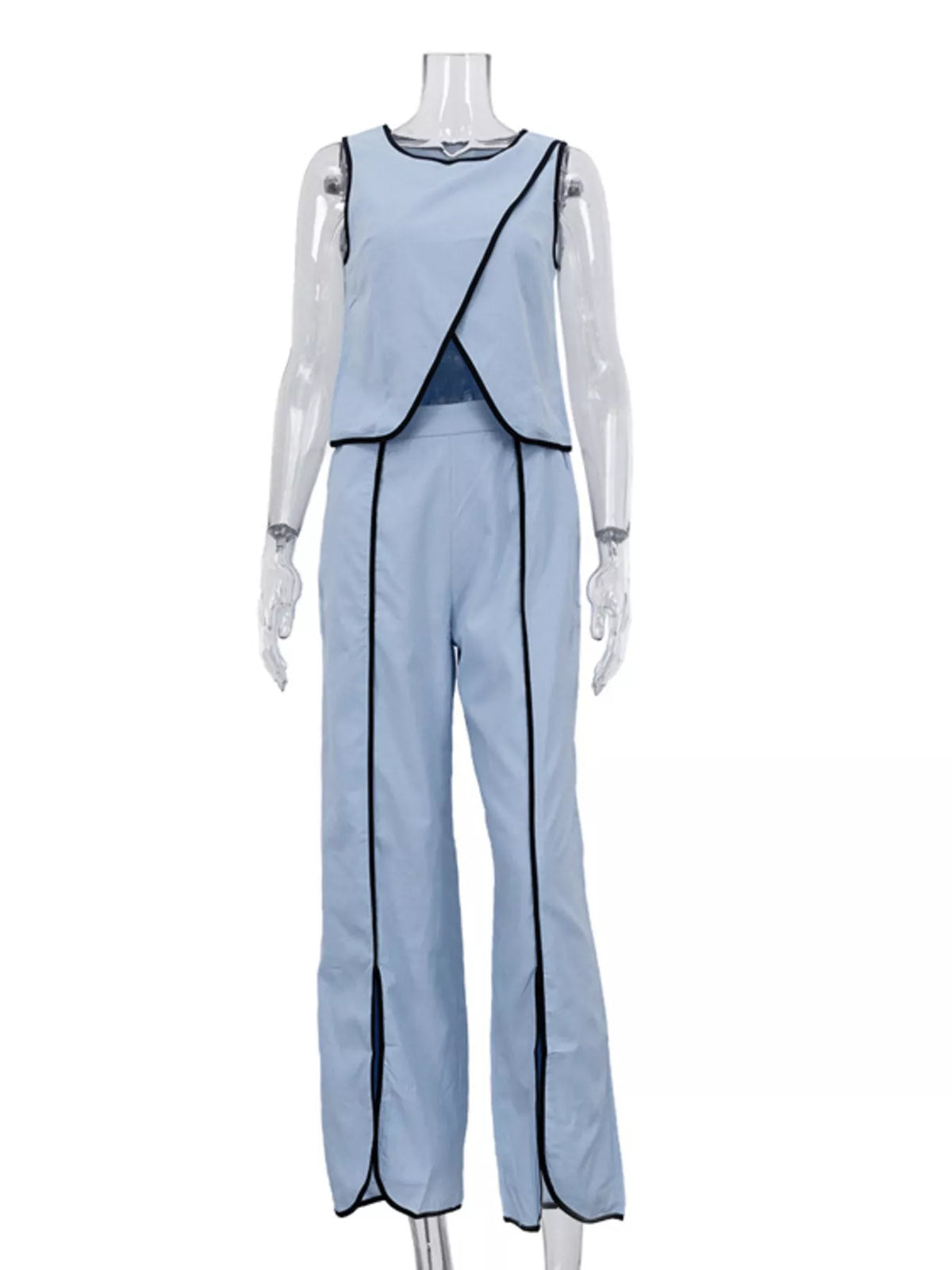 Contrast trim sleeveless top and wide-leg pants set from Plush Fashion Hub, featuring a stylish two-piece outfit in a modern design.