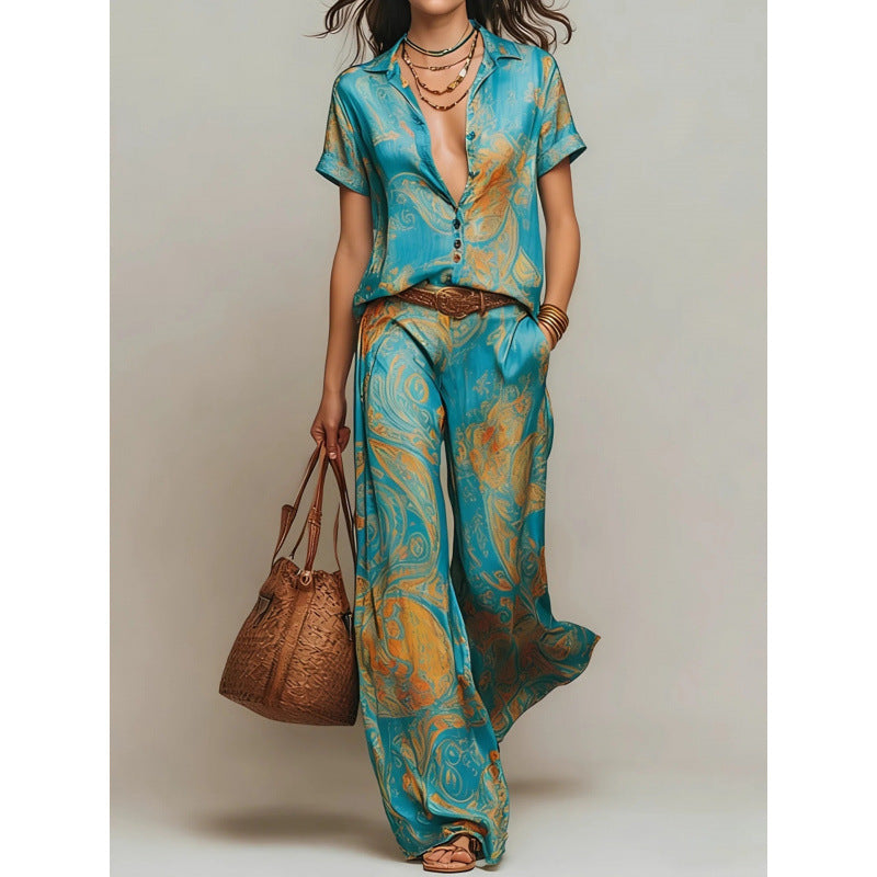 Women's bohemian printed resort two-piece set by FitiqueFit with 3/4 sleeve shirt and matching pants, casualwear for warm weather.