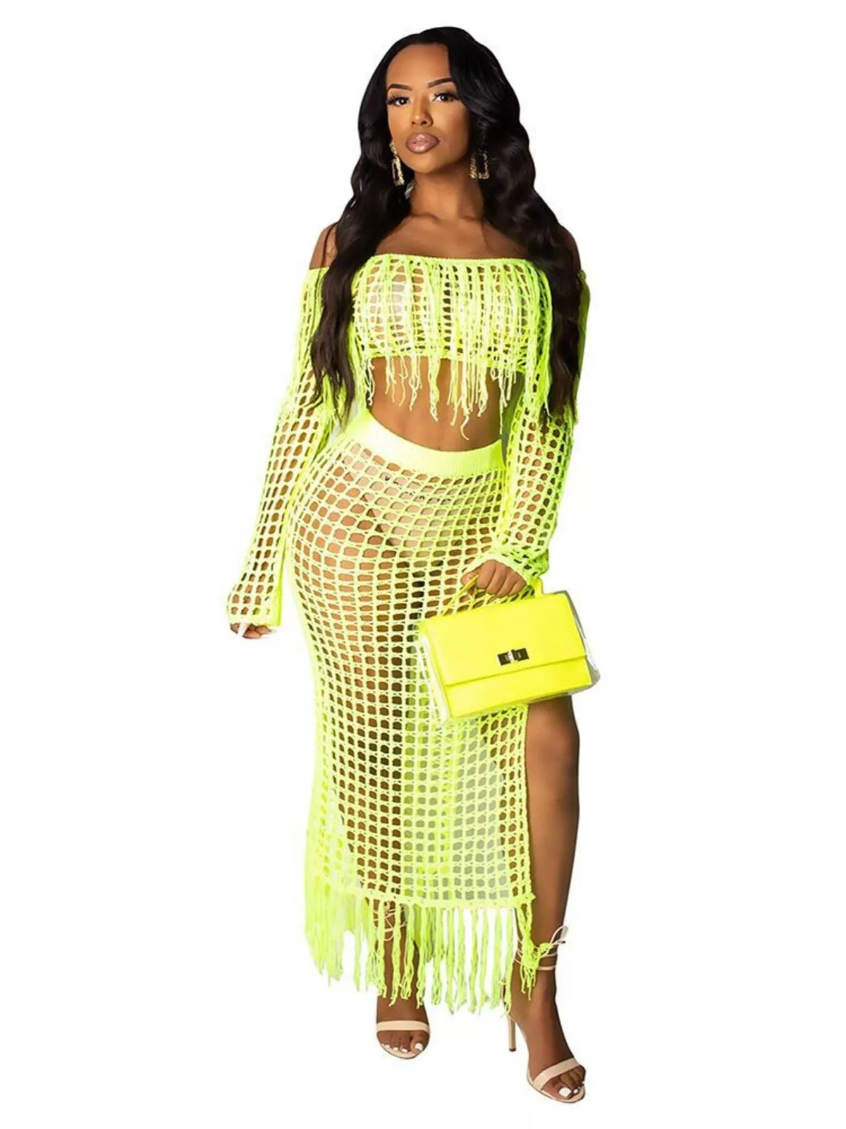 Plus size crochet off-shoulder fringe top and skirt set from Plush Fashion Hub, featuring a stylish matching fashion ensemble.