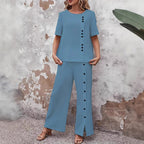 Women’s linen casualwear set from Plush Fashion Hub featuring a button-up top and loose fit two-piece linen outfit.