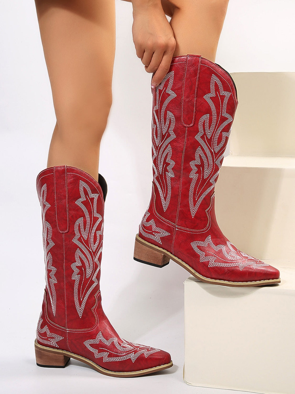 Leather Embroidered Geometric Point Toe Boots