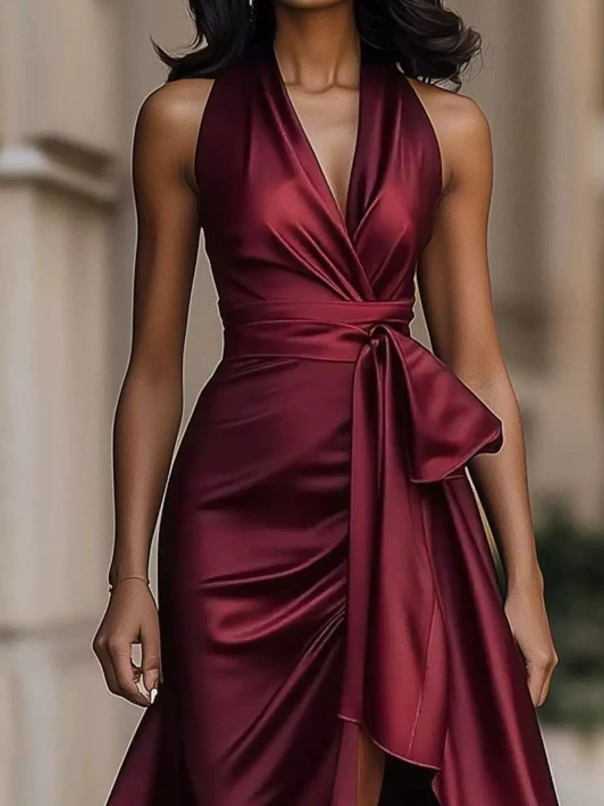 Plus size satin maxi dress with high-low ruffled hem from Plush Fashion Hub, featuring elegant flowing fabric and stylish design.