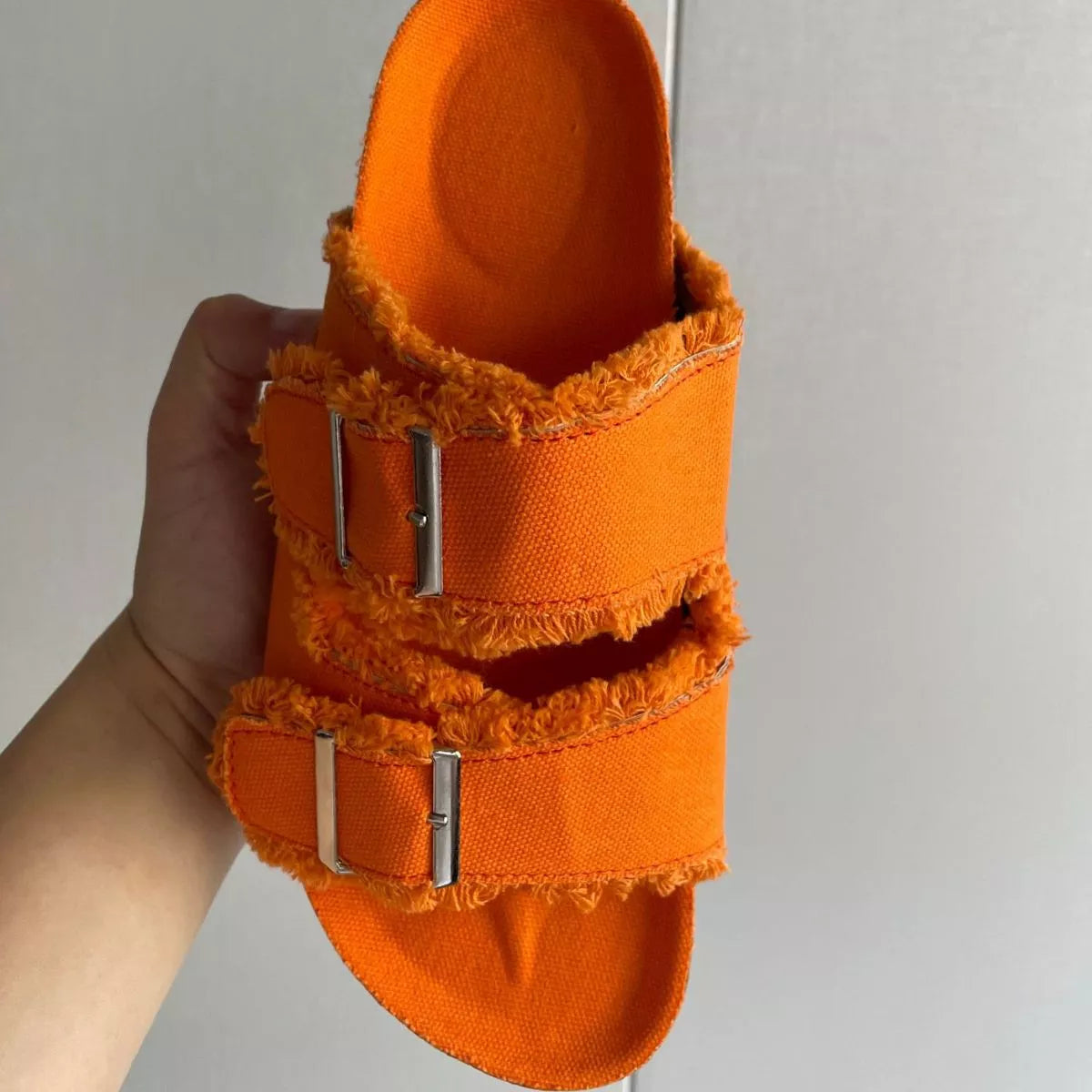 Plush Fashion Hub frayed edge buckle sandals with strappy design and ankle buckle closure, perfect for casual summer wear.