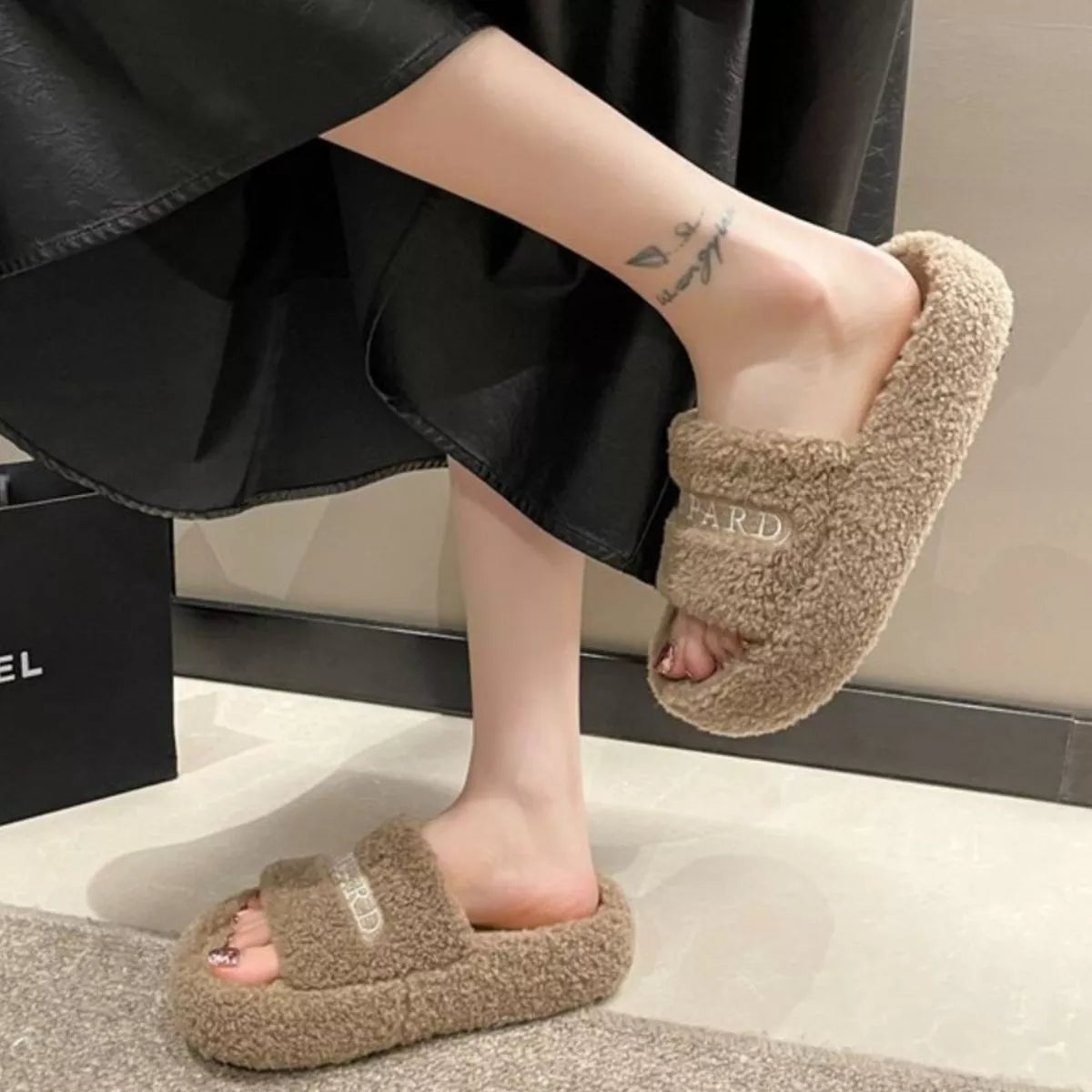 Soft fuzzy plush open toe slippers by Simply Love with a cozy design and open toe style for comfortable indoor wear.