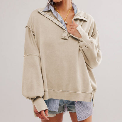 Fashion Button Lapel Sweatshirt With Slit Design Pullover Top SportsweElevate your sportswear with our Fashion Button Lapel Sweatshirt! Made with fine cotton hoodie and food wool, this pullover top is comfortable and stylish. The slit SweatshirtPlush Fashions ShopPlush Fashion Shop