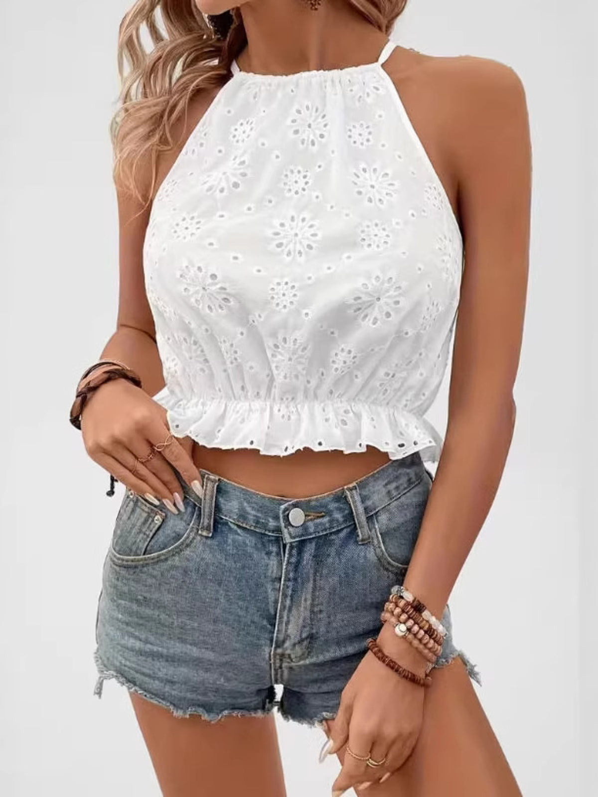 Women's eyelet embroidered cami top with ruffled hem and cutout detail, stylish and breathable summer top by Plush Fashion Hub