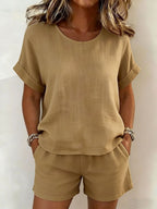 FitiqueFit solid-color cotton linen T-shirt and shorts set in five different colors, casualwear for comfortable everyday style.