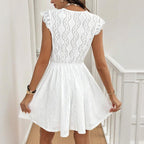 Women’s V-neck short-sleeve casual dress with lace trim by FitiqueFit, featuring a relaxed fit and elegant neckline.