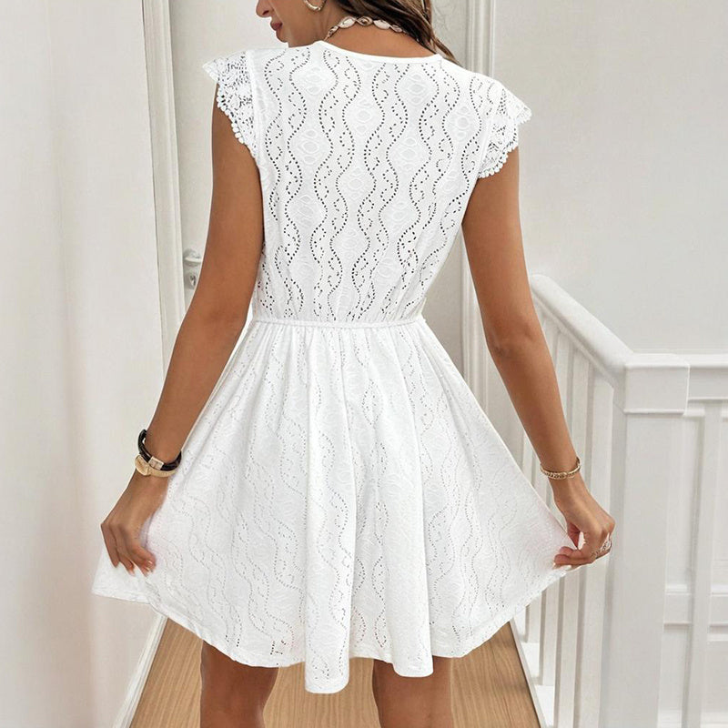 Women’s V-neck short-sleeve casual dress with lace trim by FitiqueFit, featuring a relaxed fit and elegant neckline.