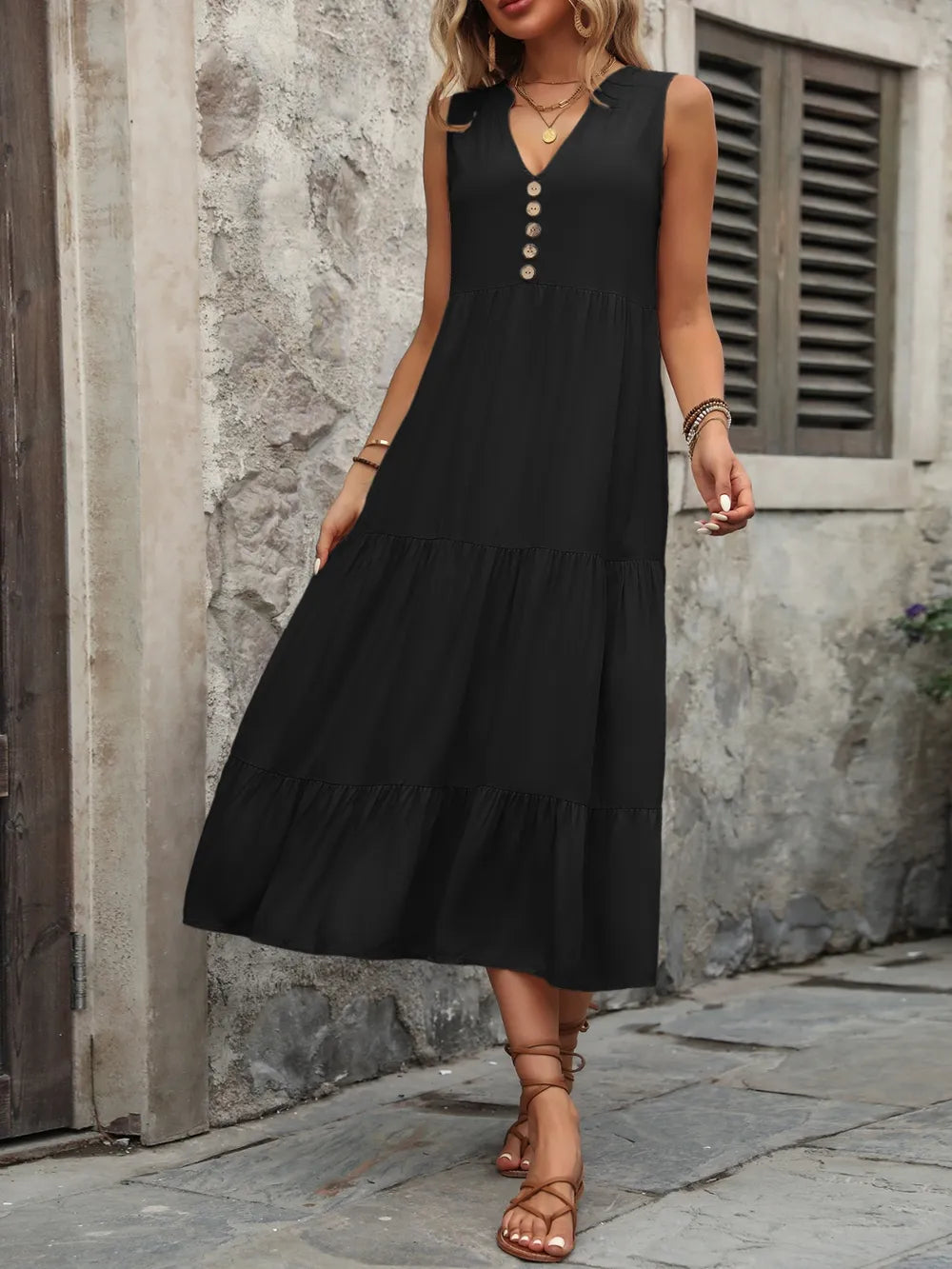 Ivy Lane women’s sleeveless cotton button-down dress with notched neckline, in a relaxed fit, from Plush Fashion Hub.