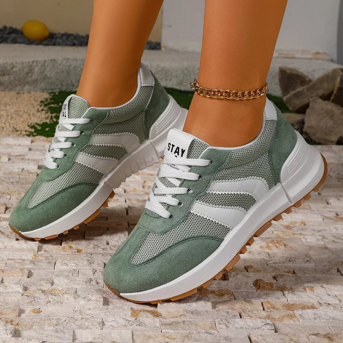 Women's round toe lace-up sneakers by Trendsi, showcasing stylish white sneakers with a comfortable fit and casual design.