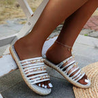Large size women's straw sandals with hemp rope thick bottom and rhinestone accents, featuring open toes and ankle straps.
