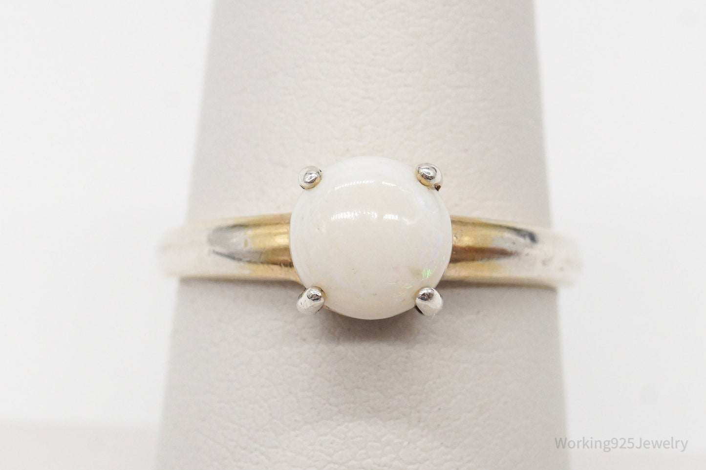 Vintage Designer DBJ White Opal Gold Vermeil Sterling Silver Ring - Size 7 Working 925 Jewelry