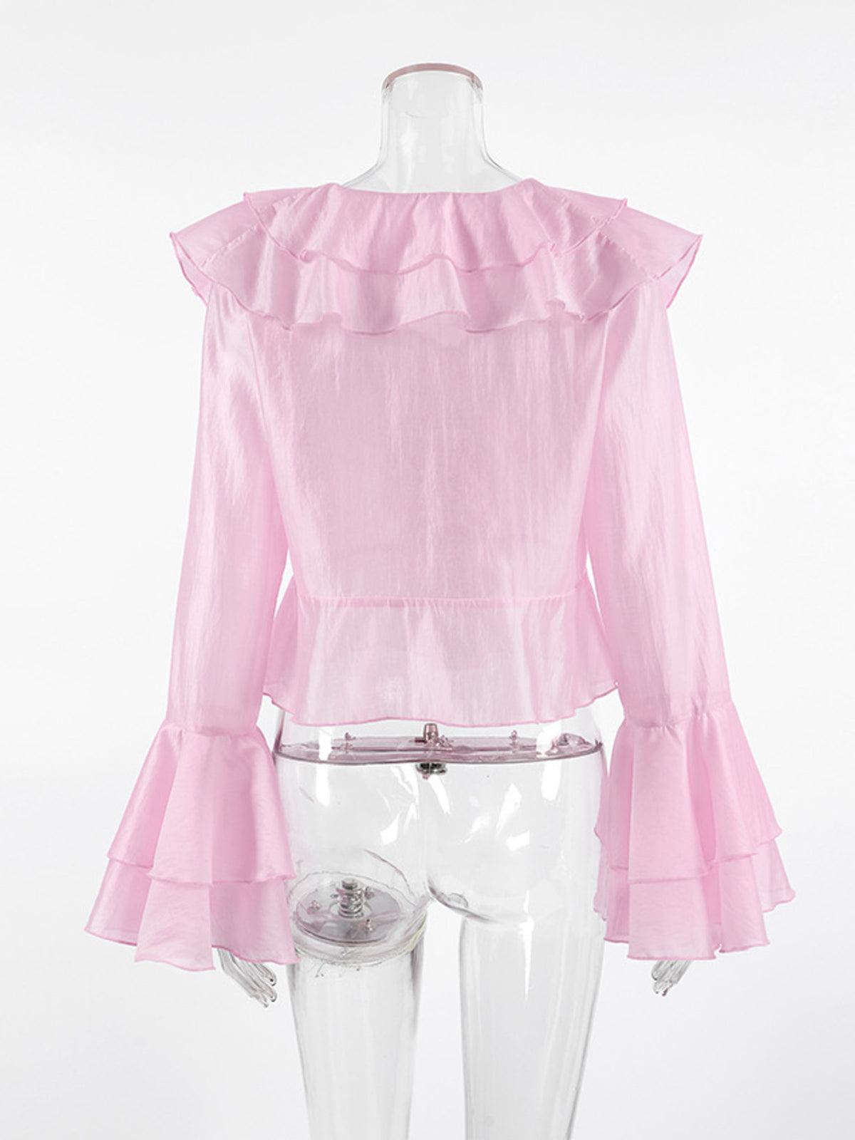Women’s elegant ruffle trim long sleeve blouse from Plush Fashion Hub, made with soft Tencel blend fabric, featuring a stylish design.