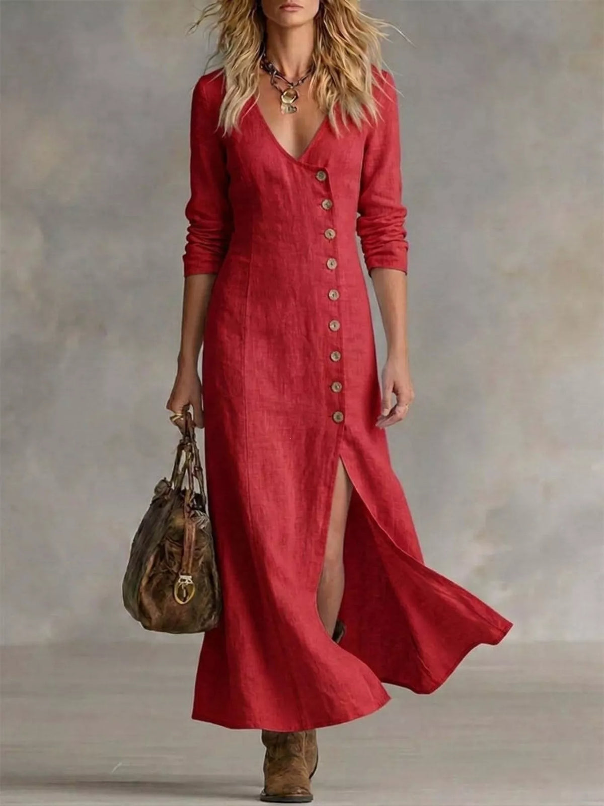 Plus size full-length maxi dress with button front and side slit from Plush Fashion Hub, elegant and comfortable for special occasions.
