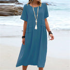 Women's casual cotton linen short-sleeve midi dress by Plush Fashion Hub, featuring a relaxed fit and stylish design.