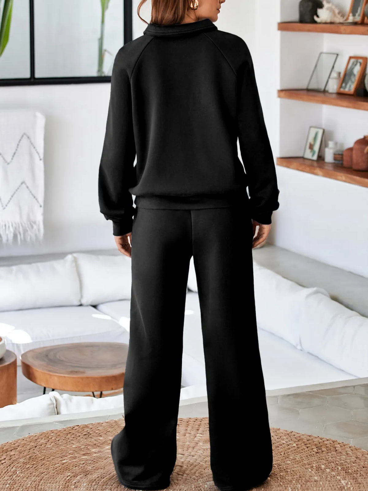 Plush Fashion Hub activewear set featuring a collared sweatshirt and high waist pants, perfect for comfortable workout attire.