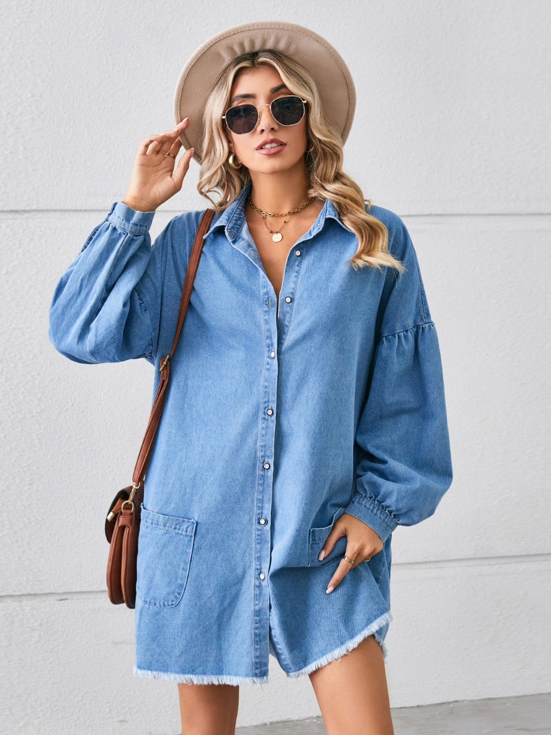 Plush Fashion Hub button-up denim dress with pocket details and raw hem, casual fashion clothing for women.