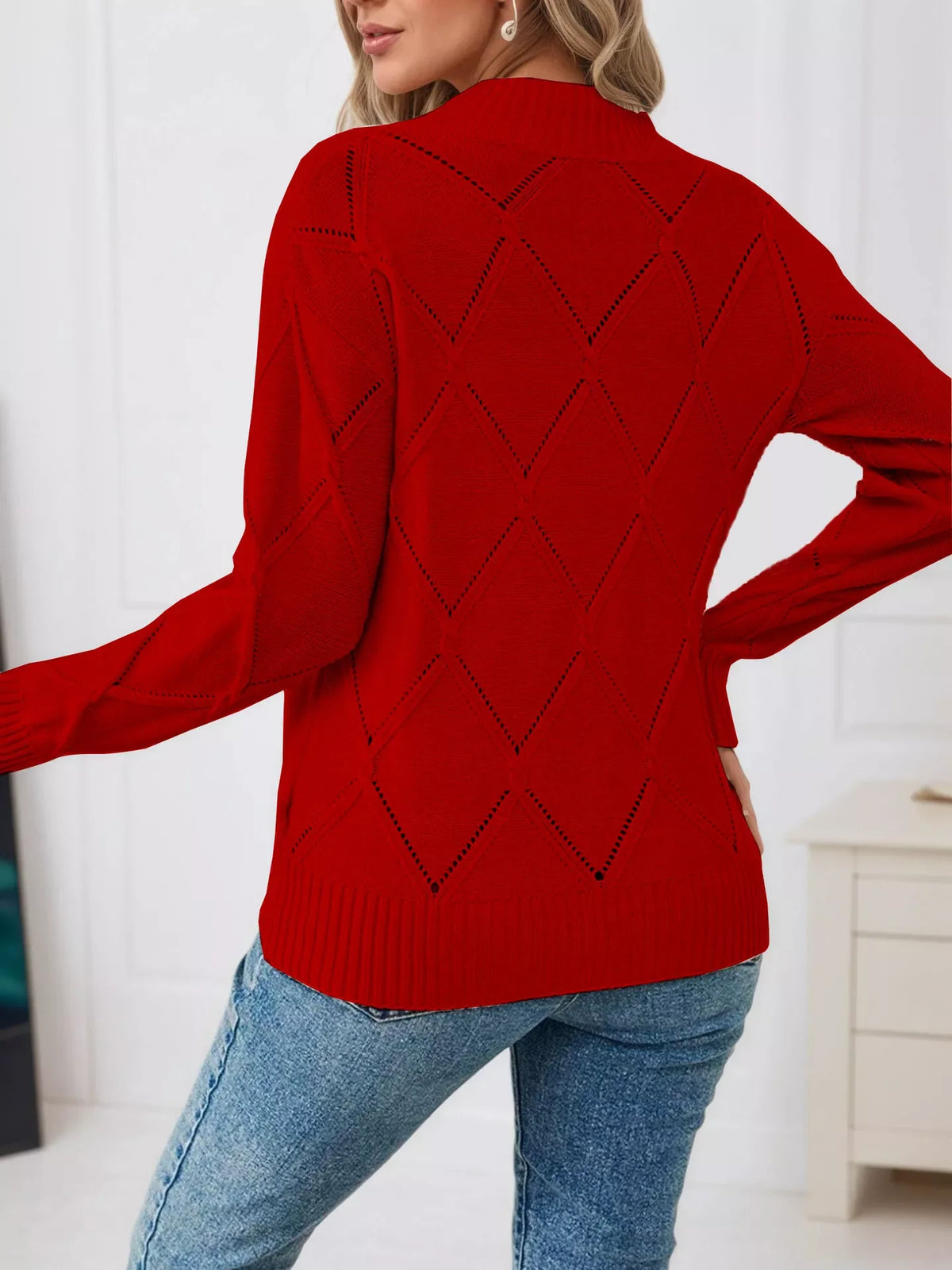 Simply Love long sleeve diamond eyelet knit top featuring a textured pattern and classic fit, perfect for casual and stylish wear.
