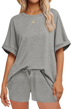 Plush Fashion Hub oversized casual T-shirt and drawstring shorts set, relaxed fit, comfortable loungewear, casual summer outfit.