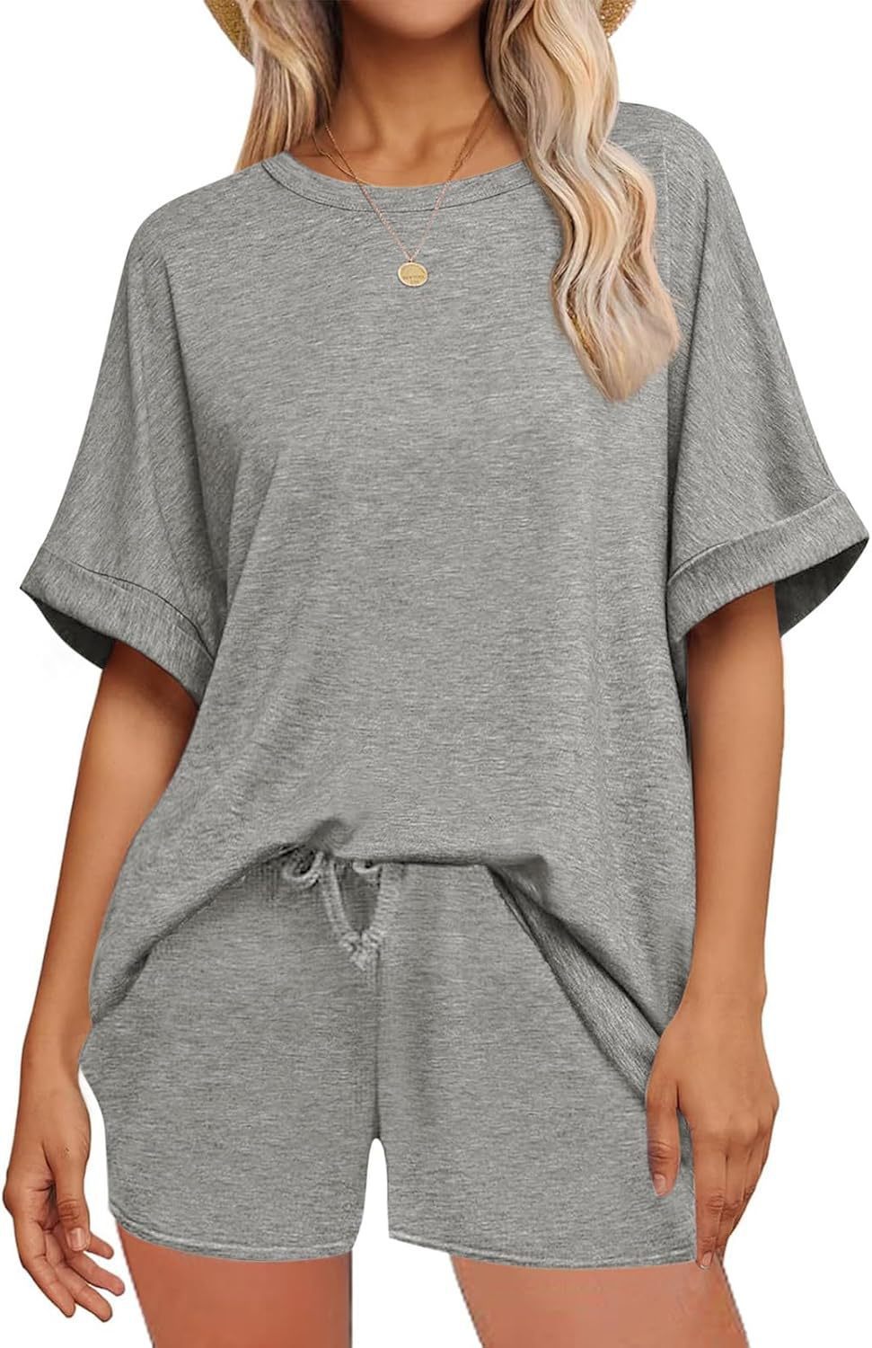 Plush Fashion Hub oversized casual T-shirt and drawstring shorts set, relaxed fit, comfortable loungewear, casual summer outfit.