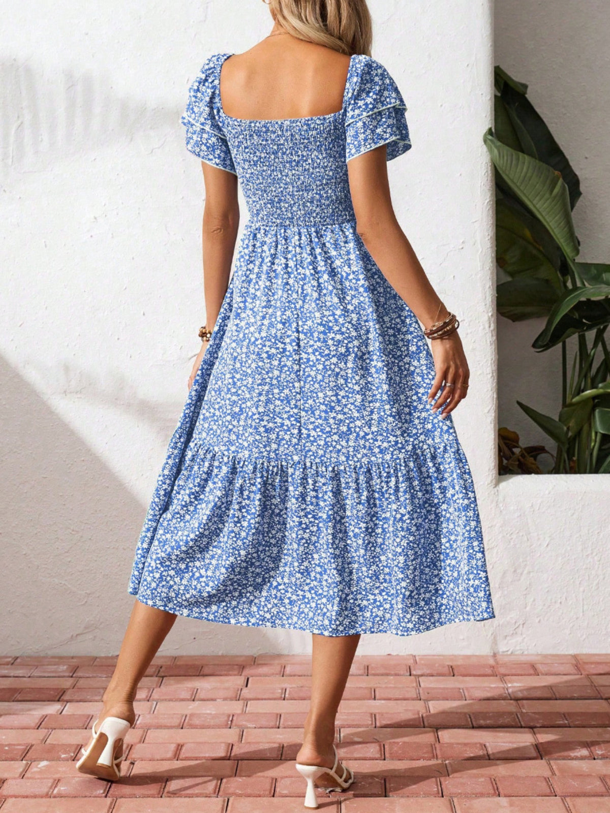 Floral print smocked ruffle sleeve midi dress by Plush Fashion Hub, lightweight summer dress with feminine floral pattern and ruffle details.