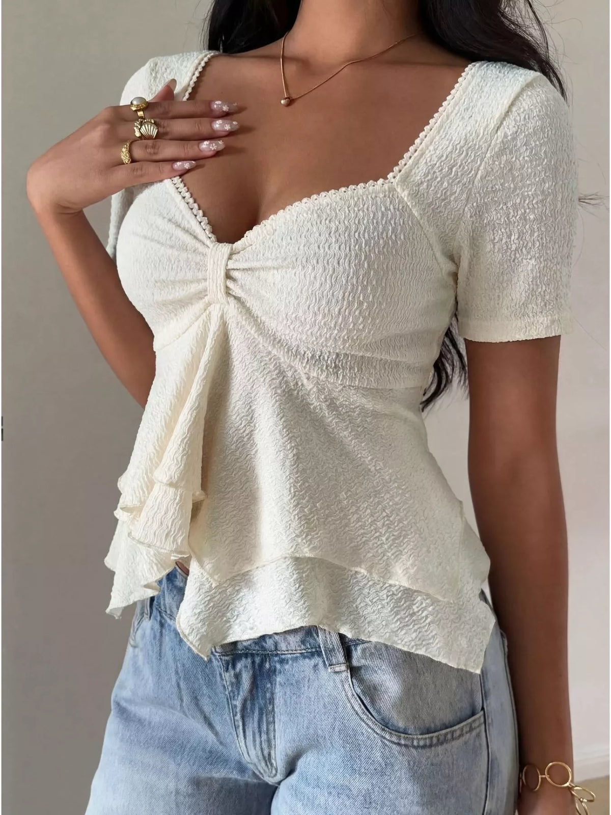 Sweetheart neck layered ruffle top from Plush Fashion Hub, featuring soft fabric and feminine design, shown on a model.