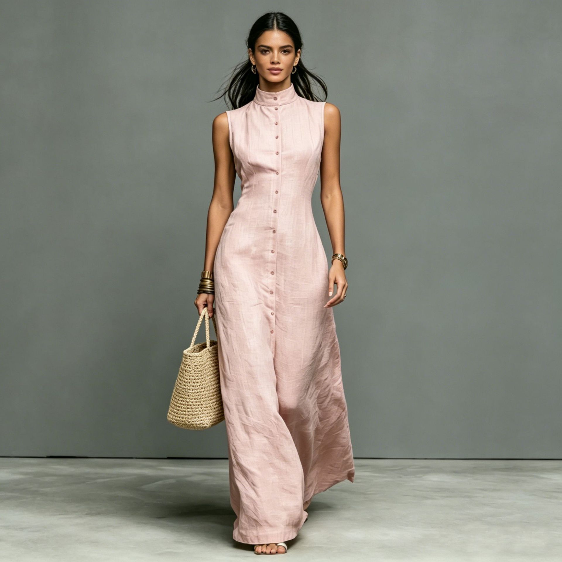 Women's casual FitiqueFit sleeveless midi dress with a stand collar and single-breasted design, perfect for stylish everyday wear.