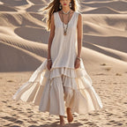 Sleeveless cotton-linen maxi dress with loose umbrella skirt style from FitiqueFit, perfect for casual summer wear.