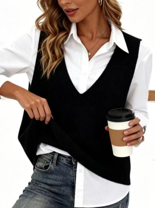 Plus size trendy knitwear vest with a V-neck, sleeveless design, in full size, featuring a chic style from Trendsi.
