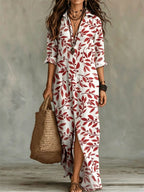 Digital print lapel midi shirt dress by FitiqueFit, casualwear in five colors, featuring a button-up front and tailored fit.