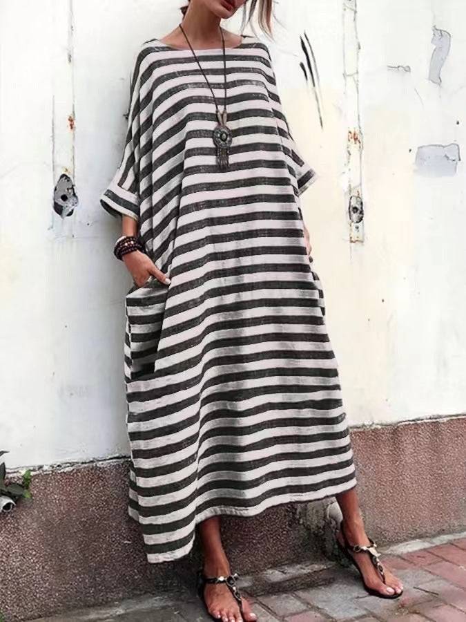 Cotton And Linen Stripes Loose Plus Long DressWrap yourself in effortless style with our Cotton And Linen Stripes Loose Plus Long Dress! Made with high-quality cotton and linen, this dress offers a loose and comDressPlush Fashions ShopPlush Fashion Shop