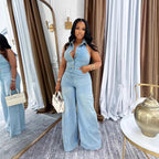 Women's Strapless Backless Washed Denim Jumpsuit