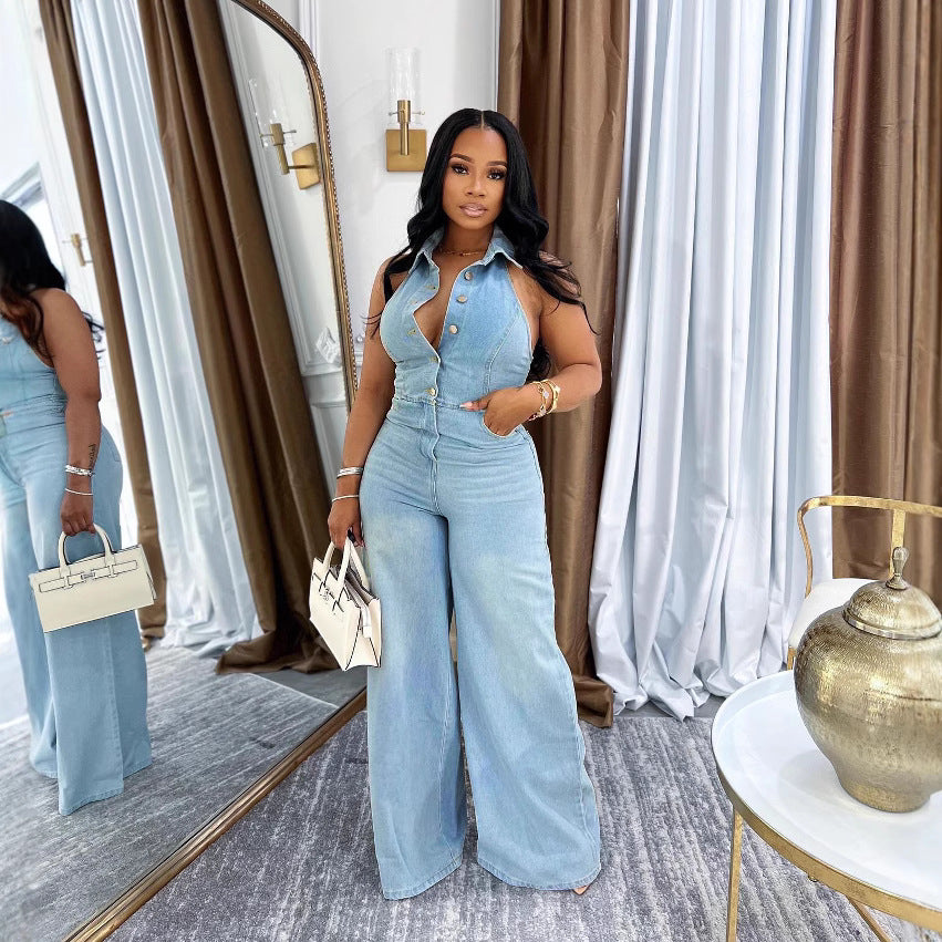 Women's Strapless Backless Washed Denim Jumpsuit