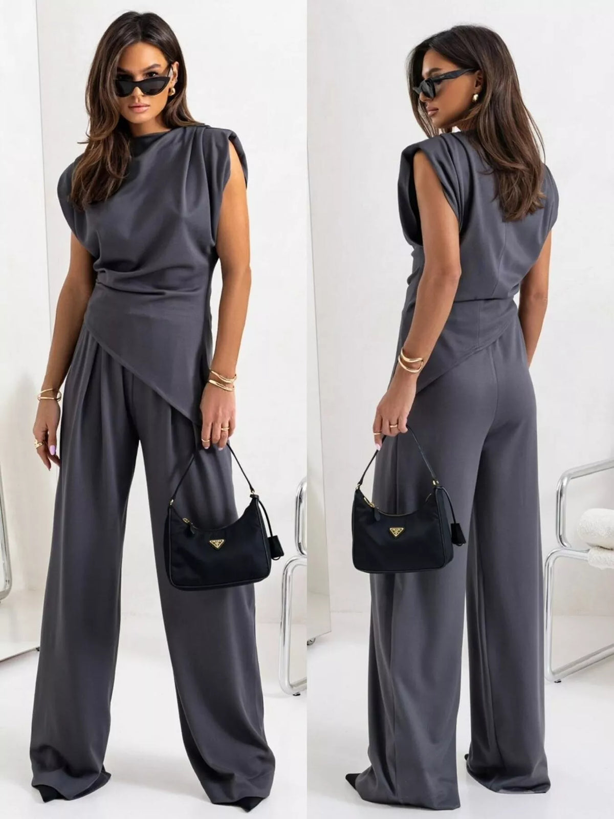 Satin cowl neck top and matching pants set in luxurious fabric, stylish and elegant women's fashion from Plush Fashion Hub.
