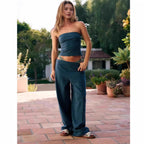Women's striped tube top and matching pants set in modal fabric, casualwear by FitiqueFit, shown on a model.