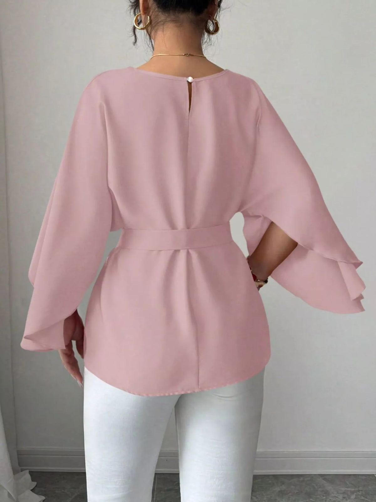 Plush Fashion Hub batwing sleeve belted blouse with flowy fabric, stylish design, and waist belt, perfect for casual or office wear.