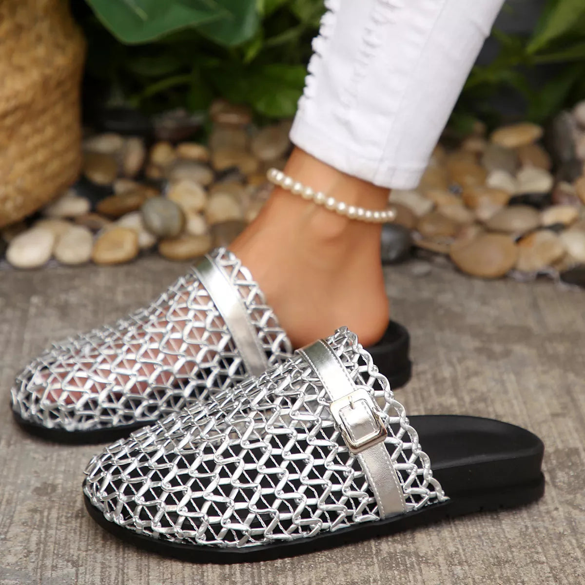 Plush Fashion Hub round toe buckle sandals featuring a stylish strap design and comfortable sole on a neutral background.