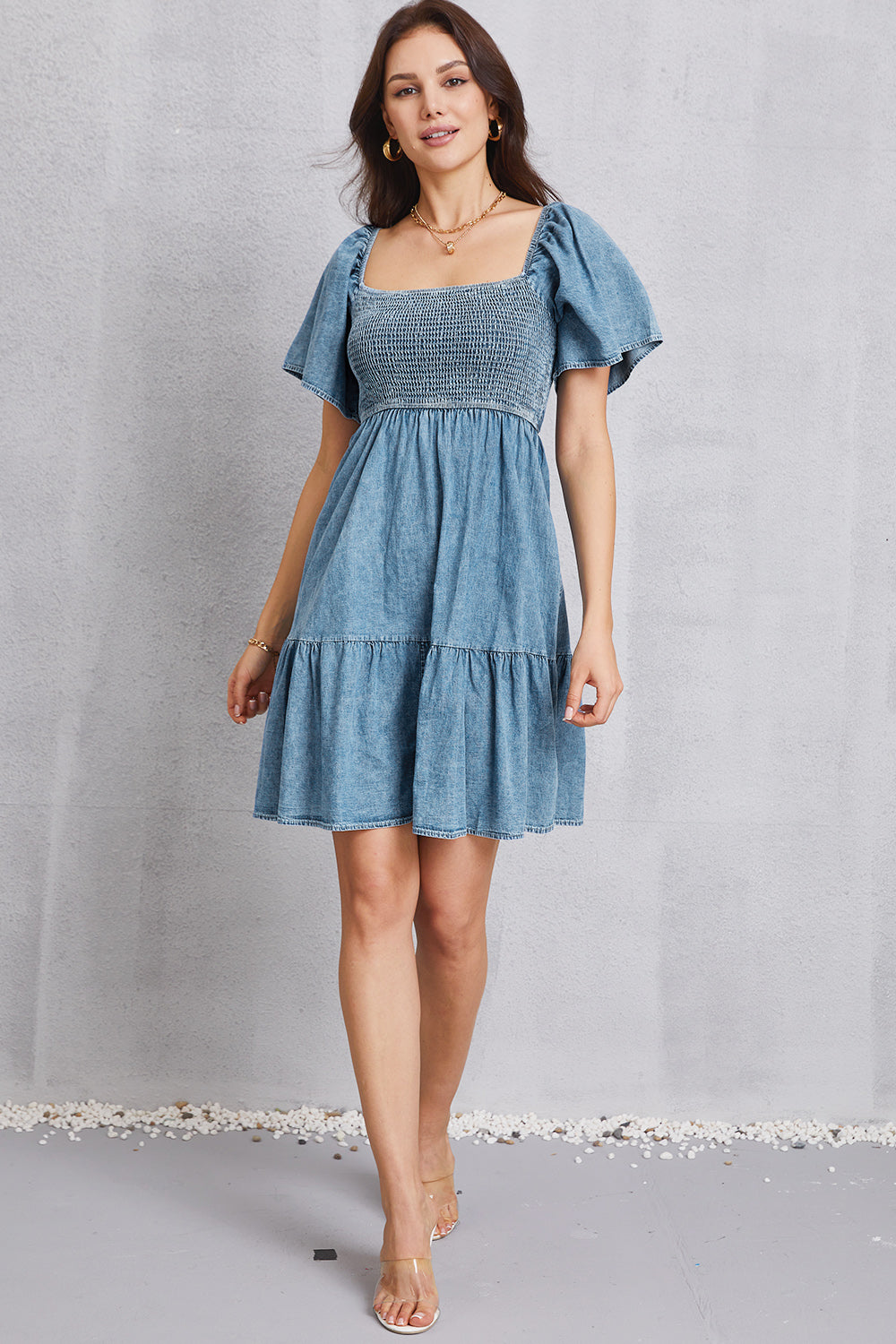 Smocked square neck mini denim dress by Plush Fashion Hub, featuring a fitted bodice and stylish short sleeves.