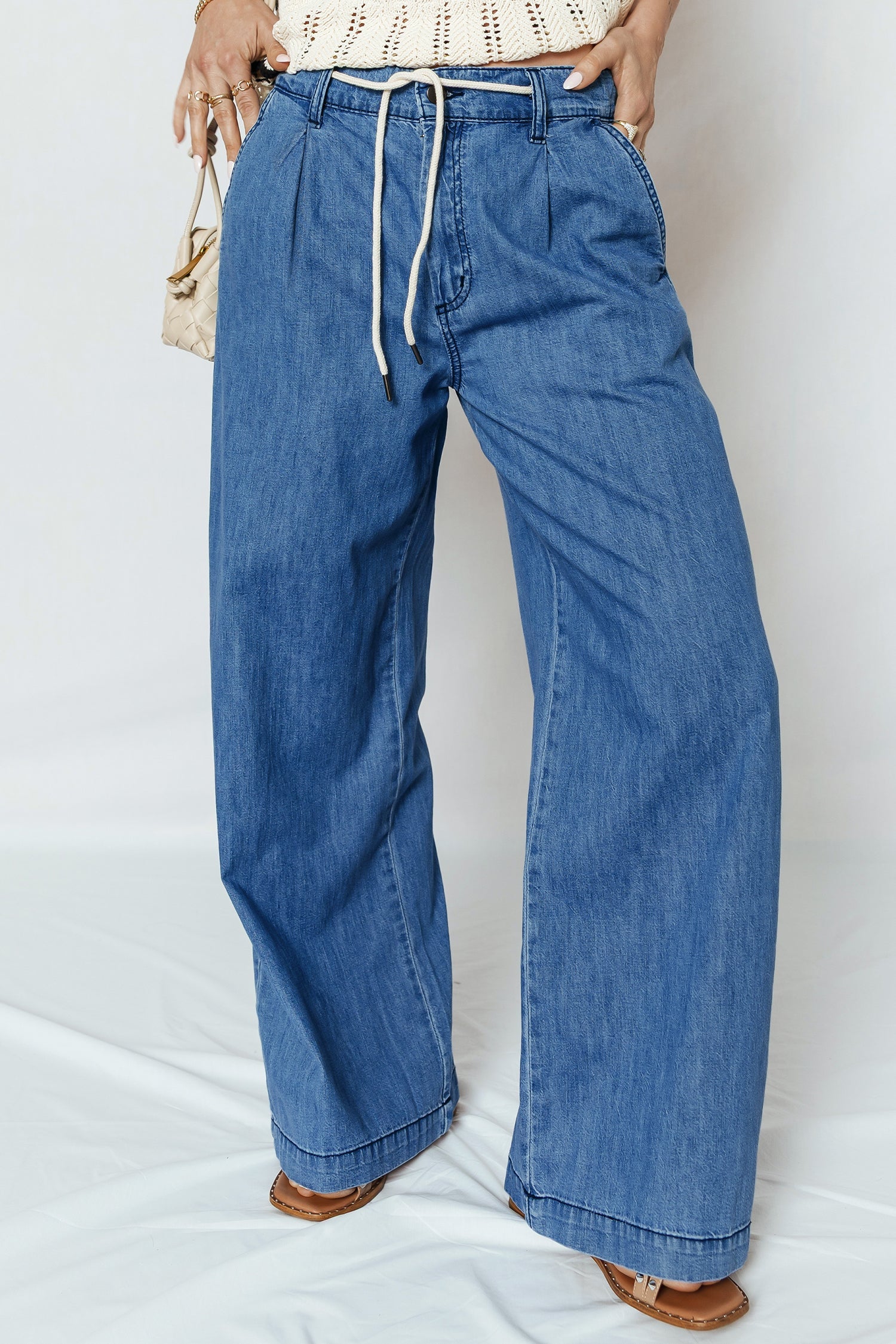 Threaded Pear Oakleigh On Wide Leg Jeans, denim pants featuring a relaxed fit and wide-leg cut, shown in a stylish blue wash.