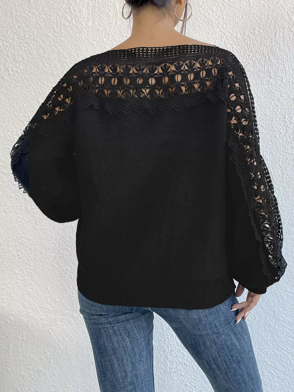 Crochet long sleeve sweater from Plush Fashion Hub featuring intricate knit pattern and a cozy, stylish fit.